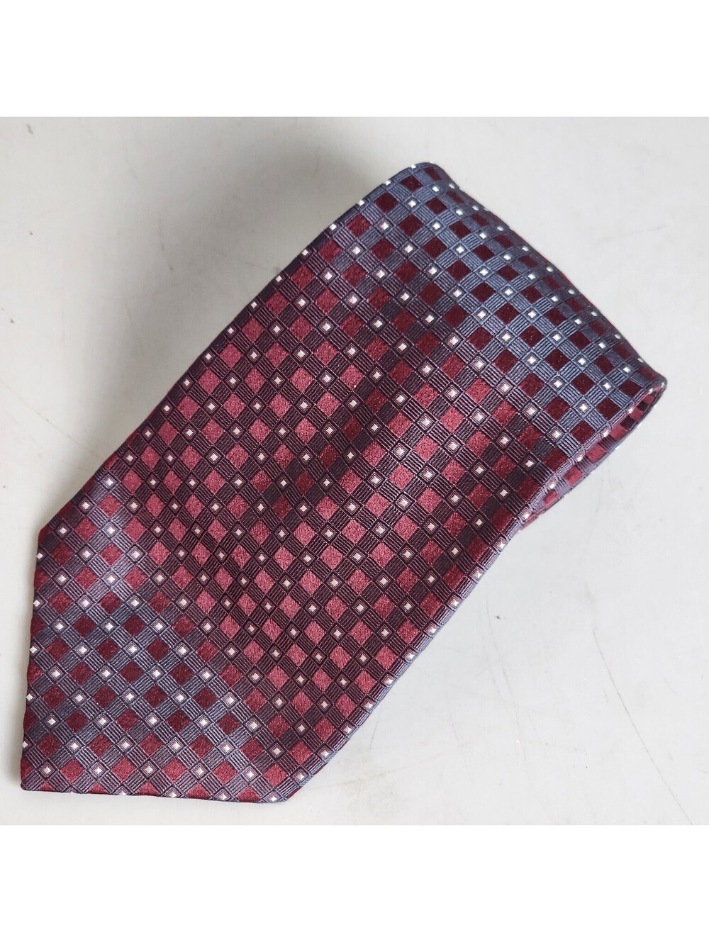 Calvin Klein Men's Burgundy Blue Geometric Grid Pattern Silk Necktie Classic